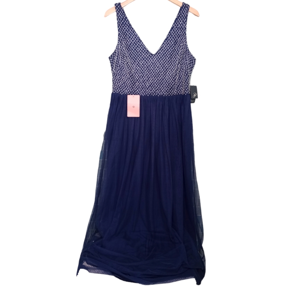 Adrianna Papell Beaded Long Dress Navy Blue